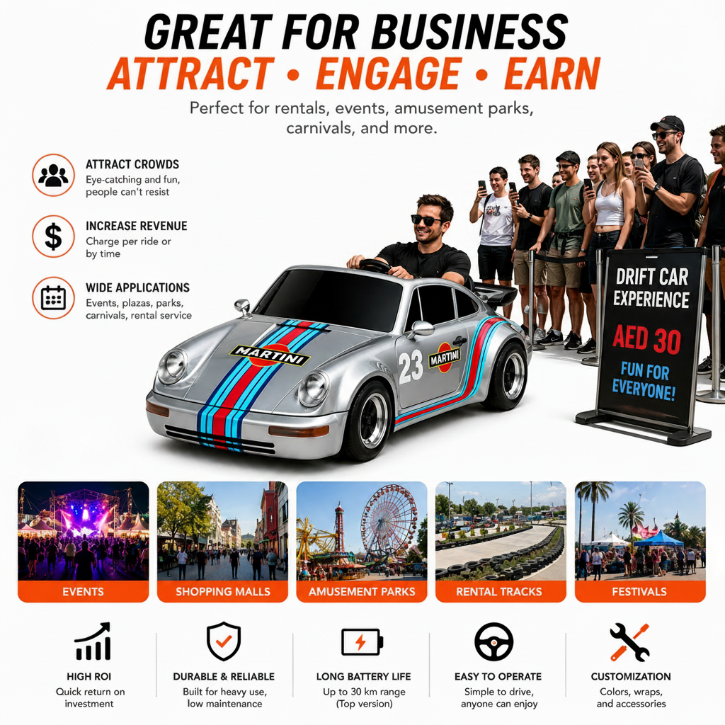 Drift car experience, featuring a race car alongside a sign reading 'Drift Car Experience
