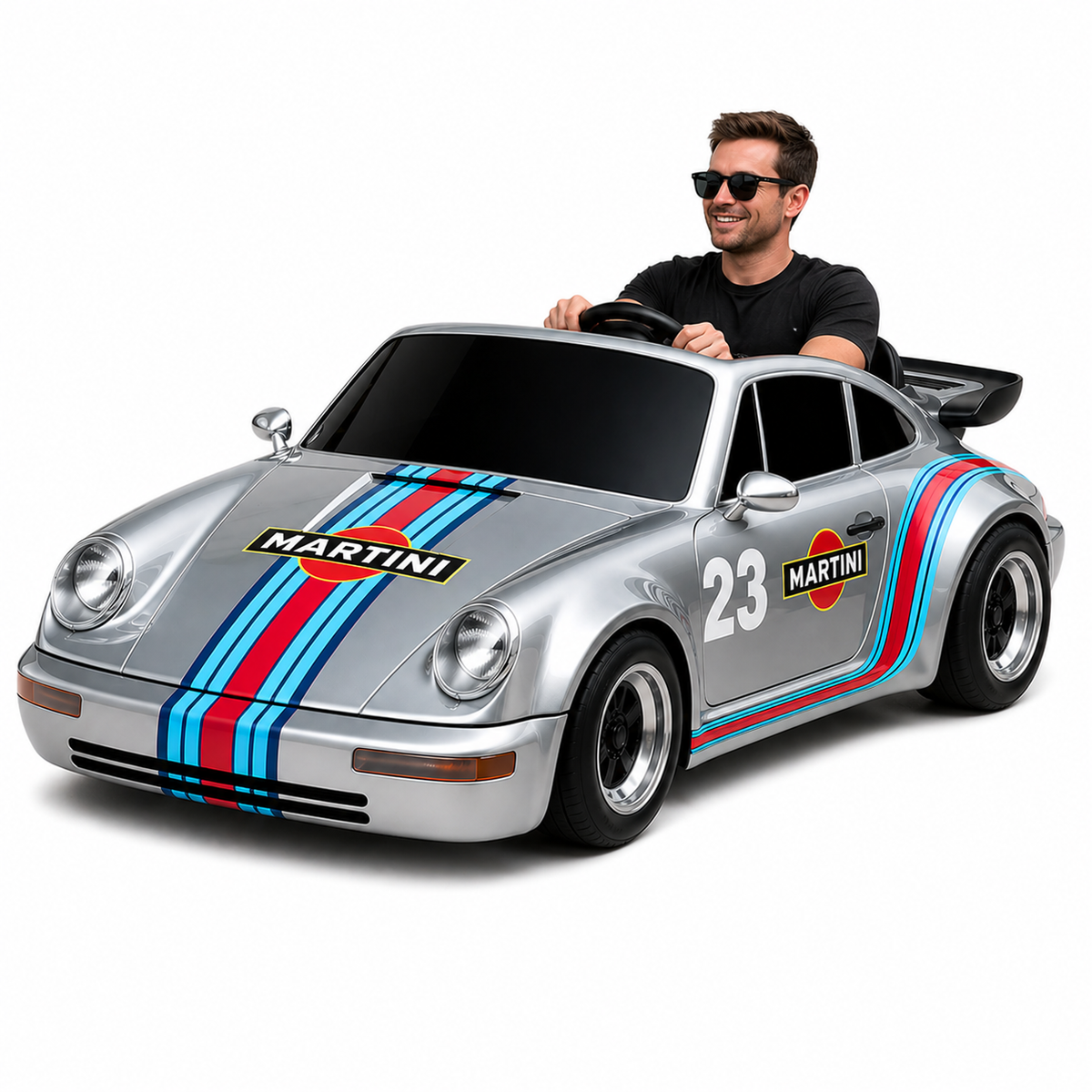 Man sitting in a sports car with Martini racing stripes 