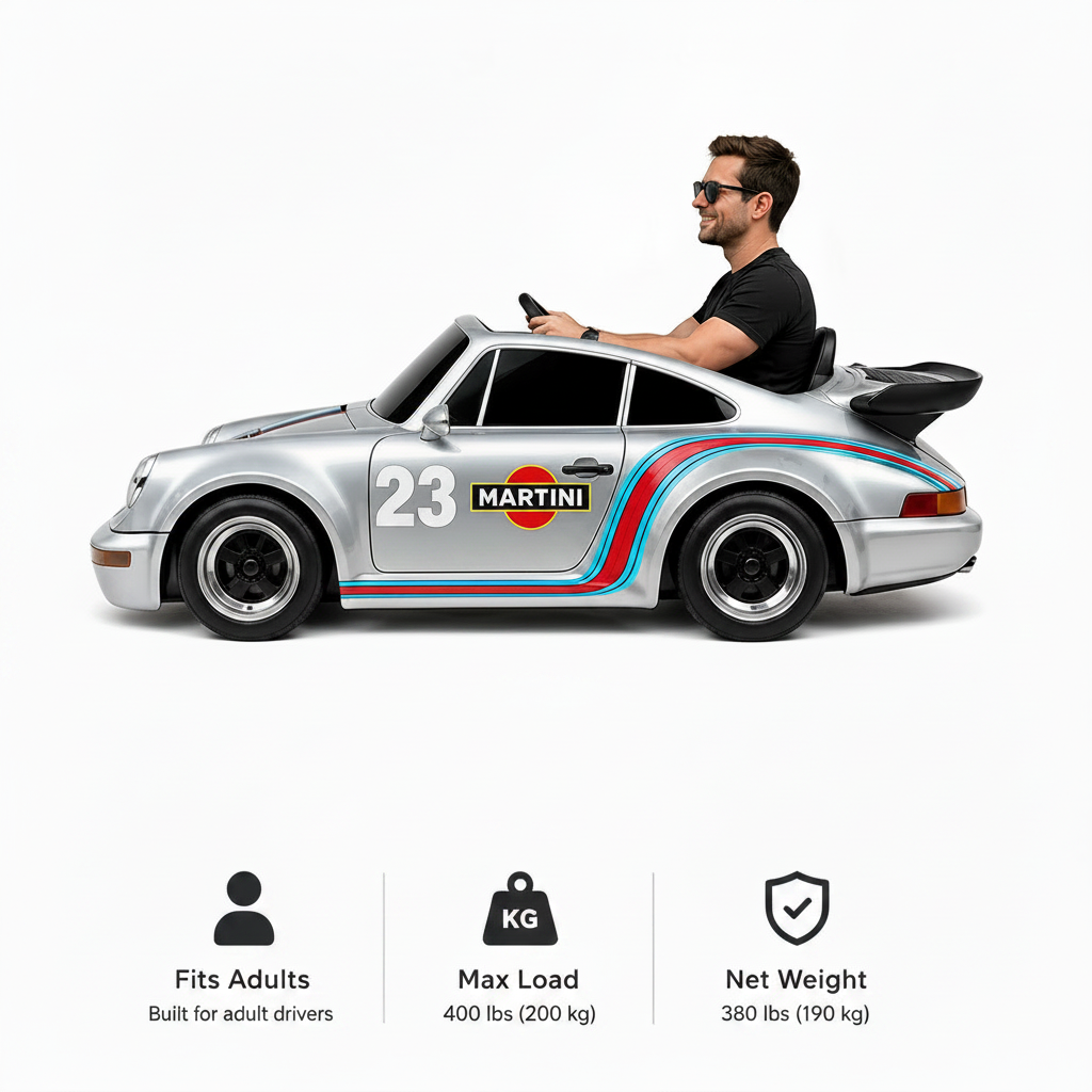 Model of a silver race car with Martini livery, featuring a man inside with dimensions and product details.