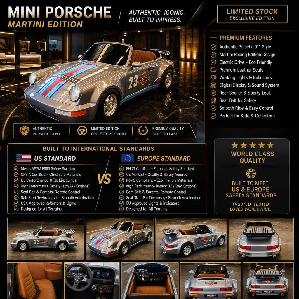 A promotional graphic for a Mini Porsche Martini Edition car, showing the vehicle prominently with multiple insets detailing features, standards, and quality