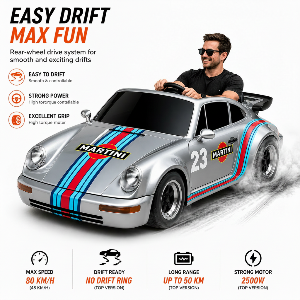 Young boy driving it in an electric ride-on car styled like a silver Porsche 911 with Martini racing stripes