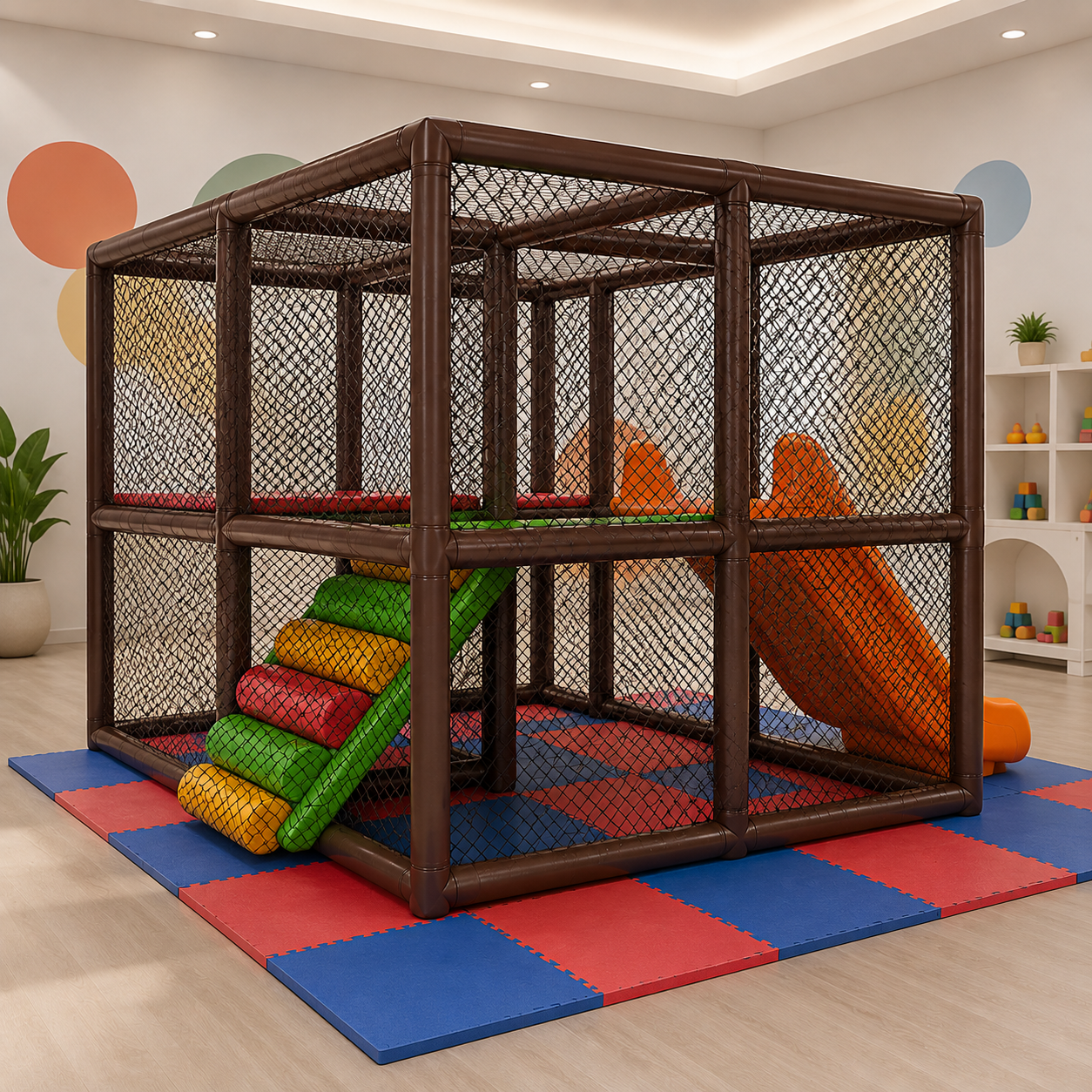 A large indoor play structure made of dark brown framing and black mesh netting, with a green, red, and yellow climbing ramp, and a bright orange slide.