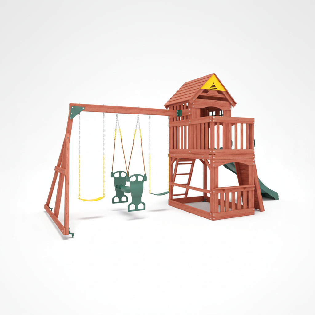 Kiddoro Playful Peaks playset with a slide and swings 