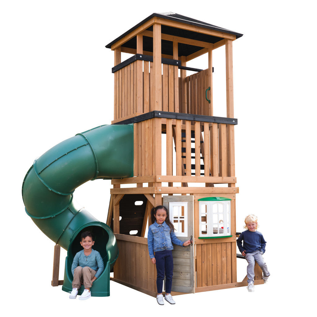 KidKraft Panorama Tower Outdoor Playhouse with green slide and  2 levels 
