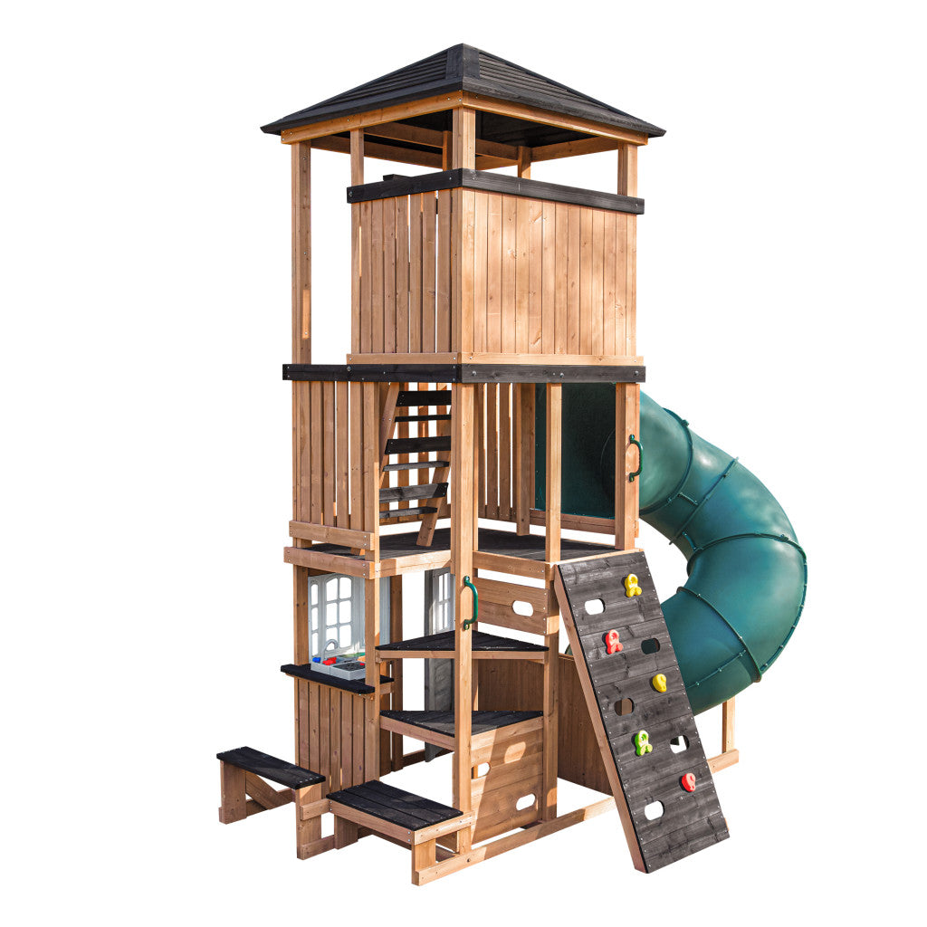 KidKraft Panorama Tower Outdoor Playhouse with slide and climbing wall nd playtables 
 