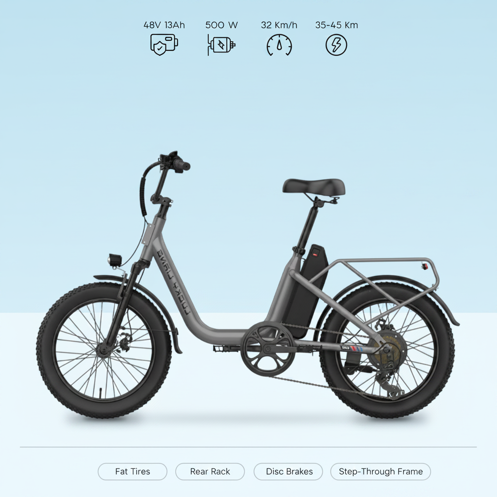 An electric bike with specifications and featuring