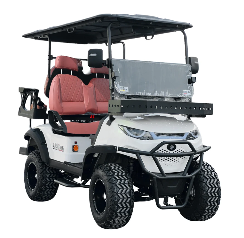 Pre-Owned Green Rider Lifted Electric Golf Cart On a white background