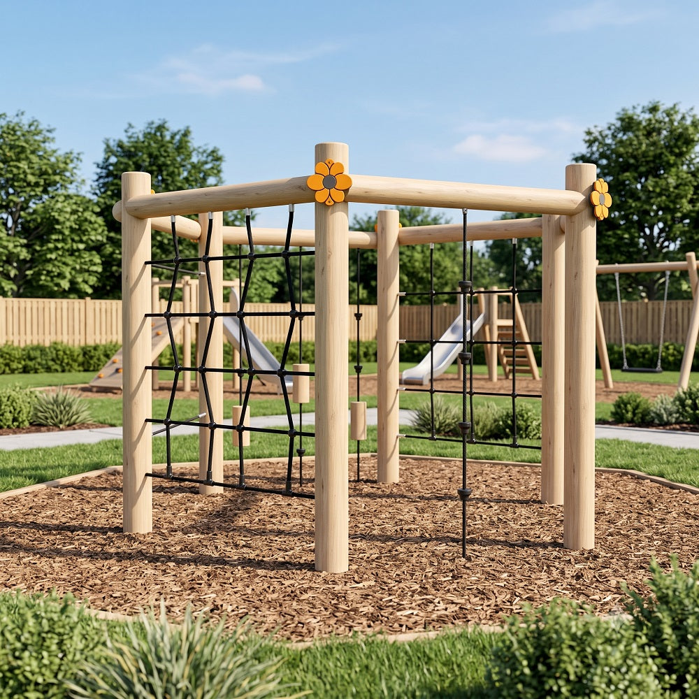 A wooden Kids playground structure with black rope climbing grids