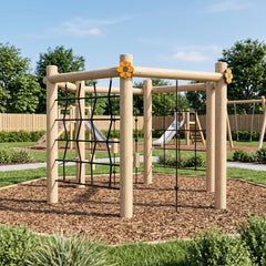 A wooden Kids playground structure with black rope climbing grids