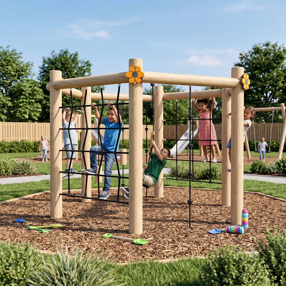 Kids playing on a large outdoor wooden playground structure with climbing nets, swings, and monkey bars