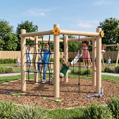 Kids playing on a large outdoor wooden playground structure with climbing nets, swings, and monkey bars