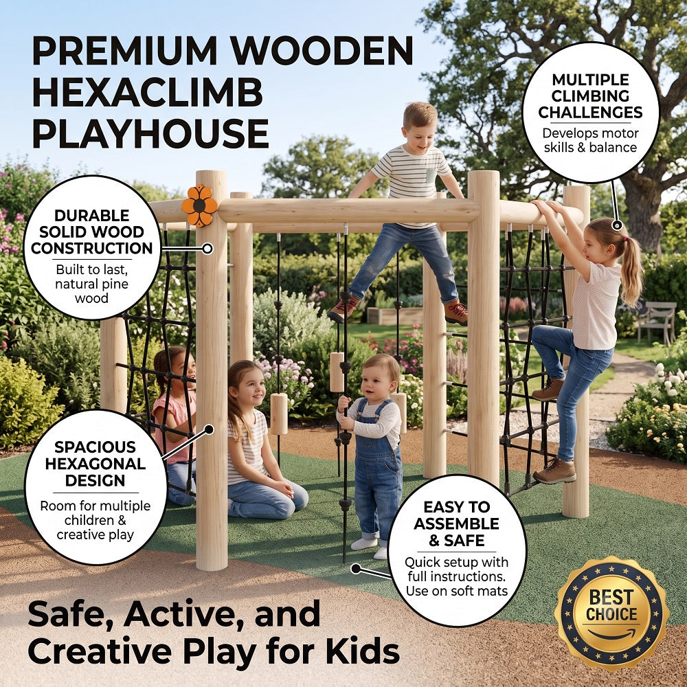 Wooden hexaclimb playground structure with spacious hexagonal design, and easy to assemble & safe.