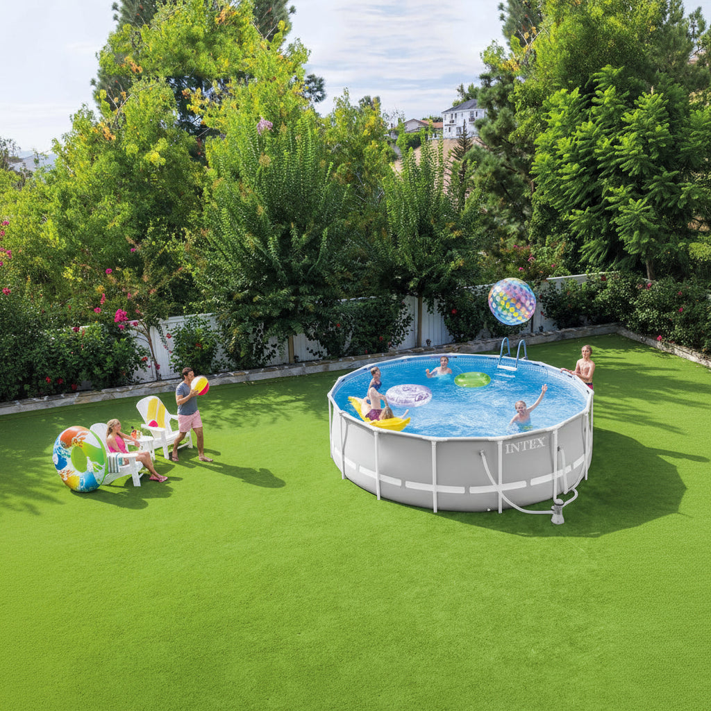 Children playing around an above-ground pool