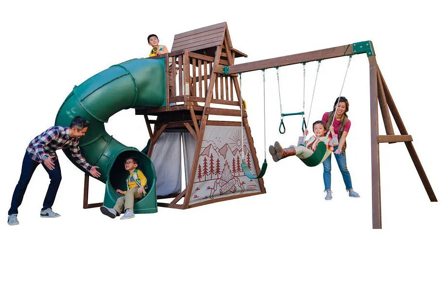 Kidkraft Ranger Retreat Wooden Swing Set With Tent, Tube Slide and 3 Swings 