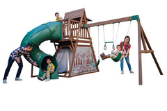 Kidkraft Ranger Retreat Wooden Swing Set With Tent, Tube Slide and 3 Swings 