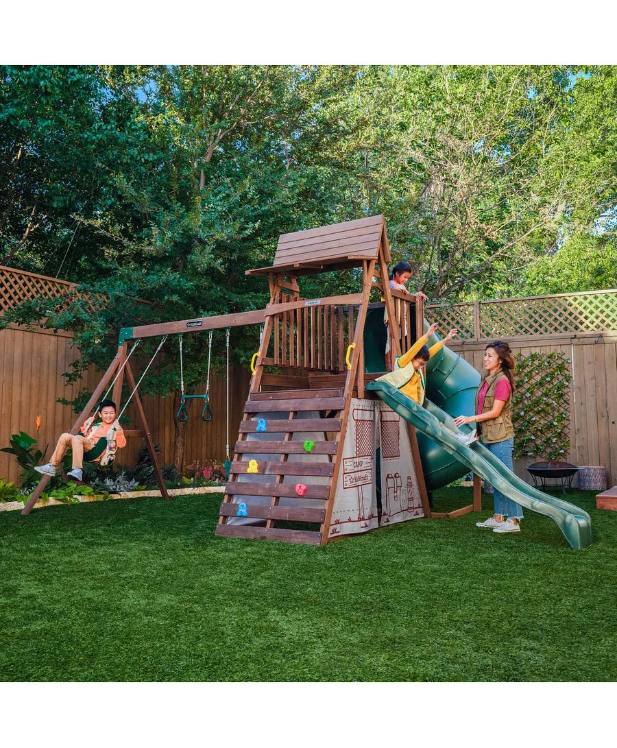 Kidkraft Ranger Retreat Wooden Swing Set With Tent, Tube Slide and 3 Swings in garden