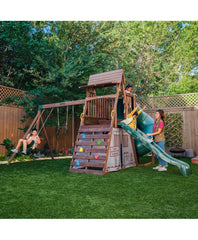 Kidkraft Ranger Retreat Wooden Swing Set With Tent, Tube Slide and 3 Swings in garden