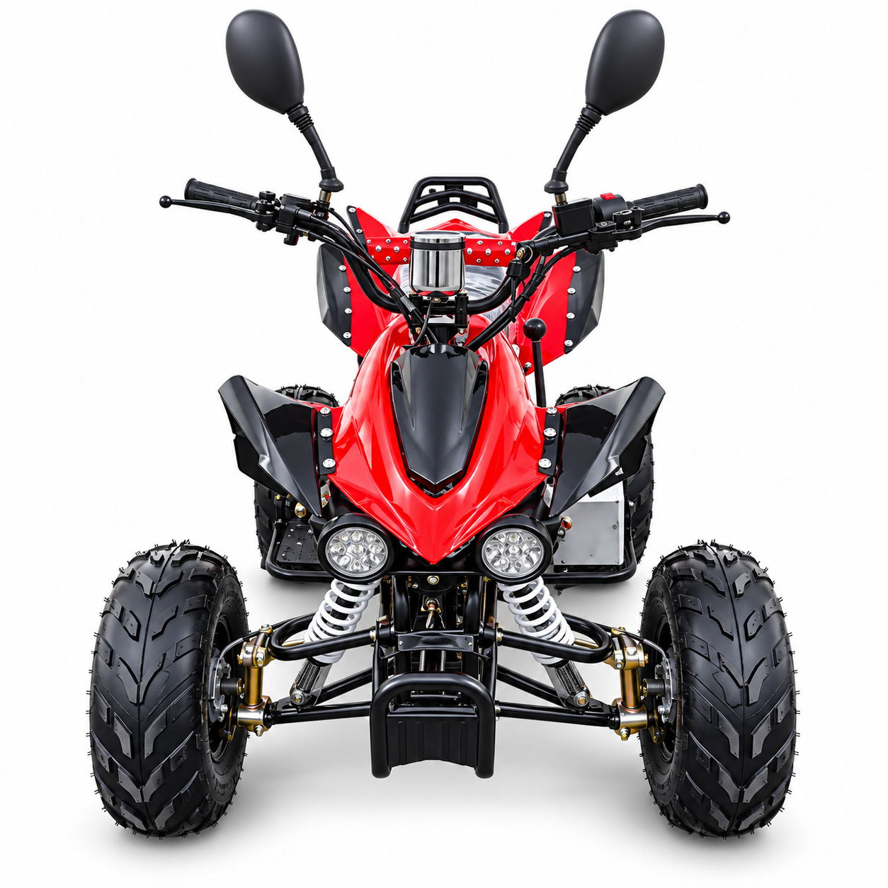 A red and black mini quad bike ATV with dual front headlights, black tires, and rearview mirrors.