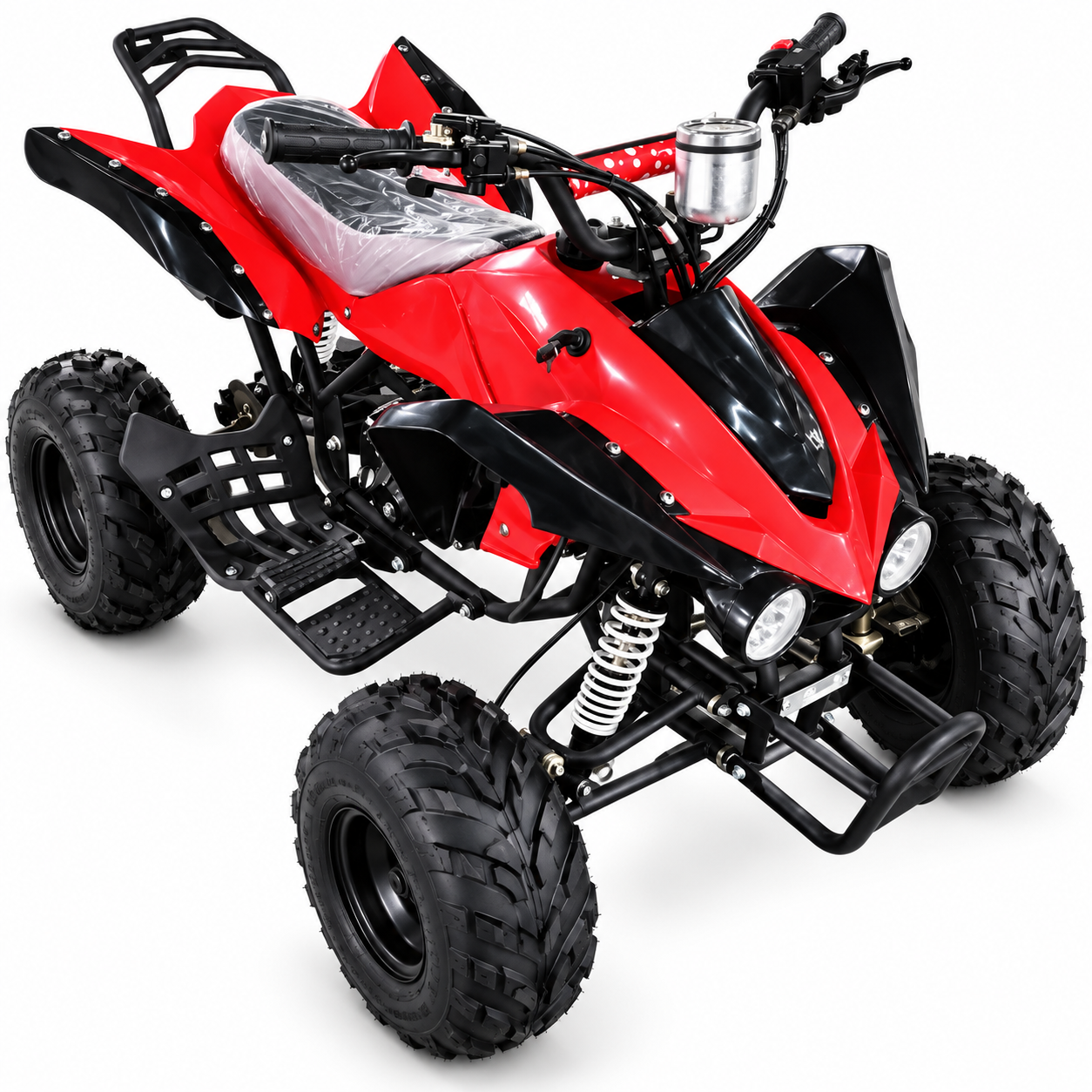 A red and black mini ATV quad bike with knobby off-road tires, a protective front bumper.