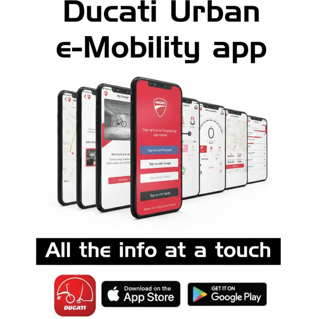 Ducati Urban e-Mobility app with smartphone displaying app