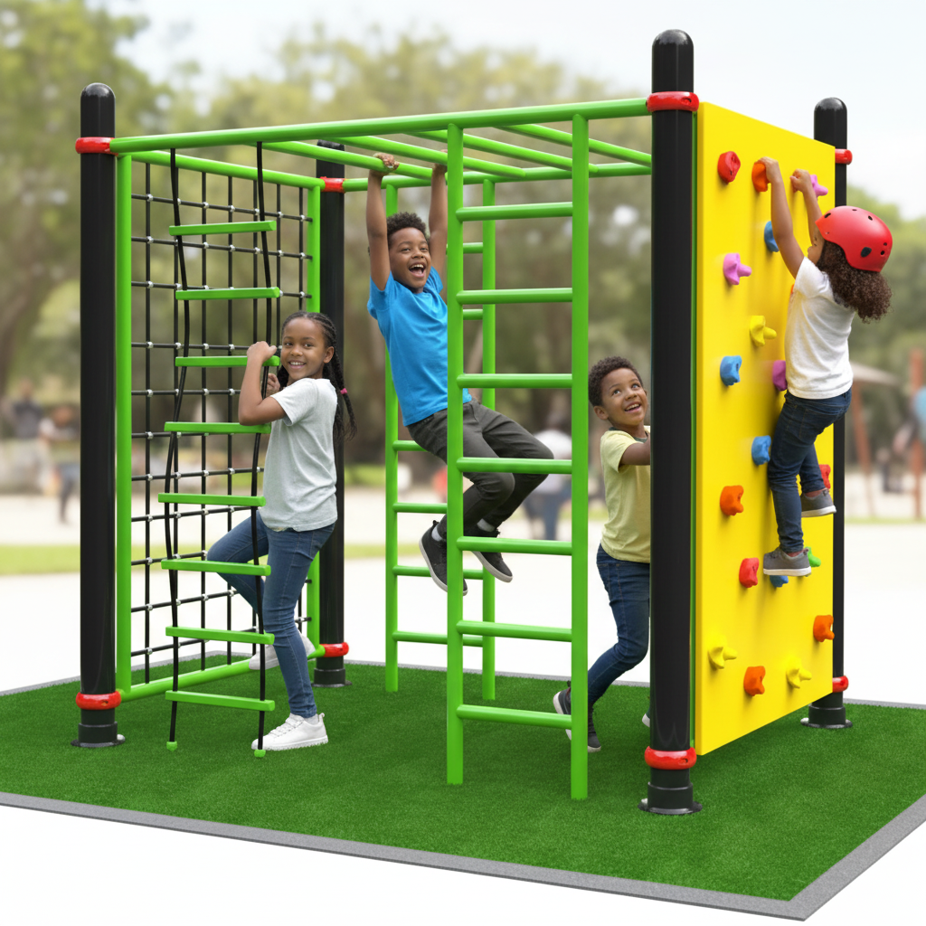Green climbing frame, yellow wall with colourful climbing holds