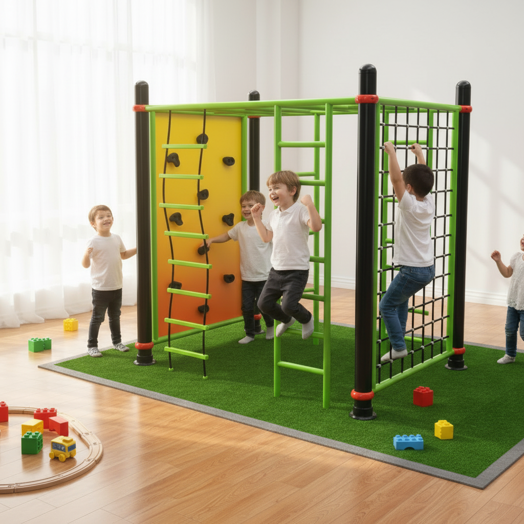 Children playing on an indoor play with a green climbing wall