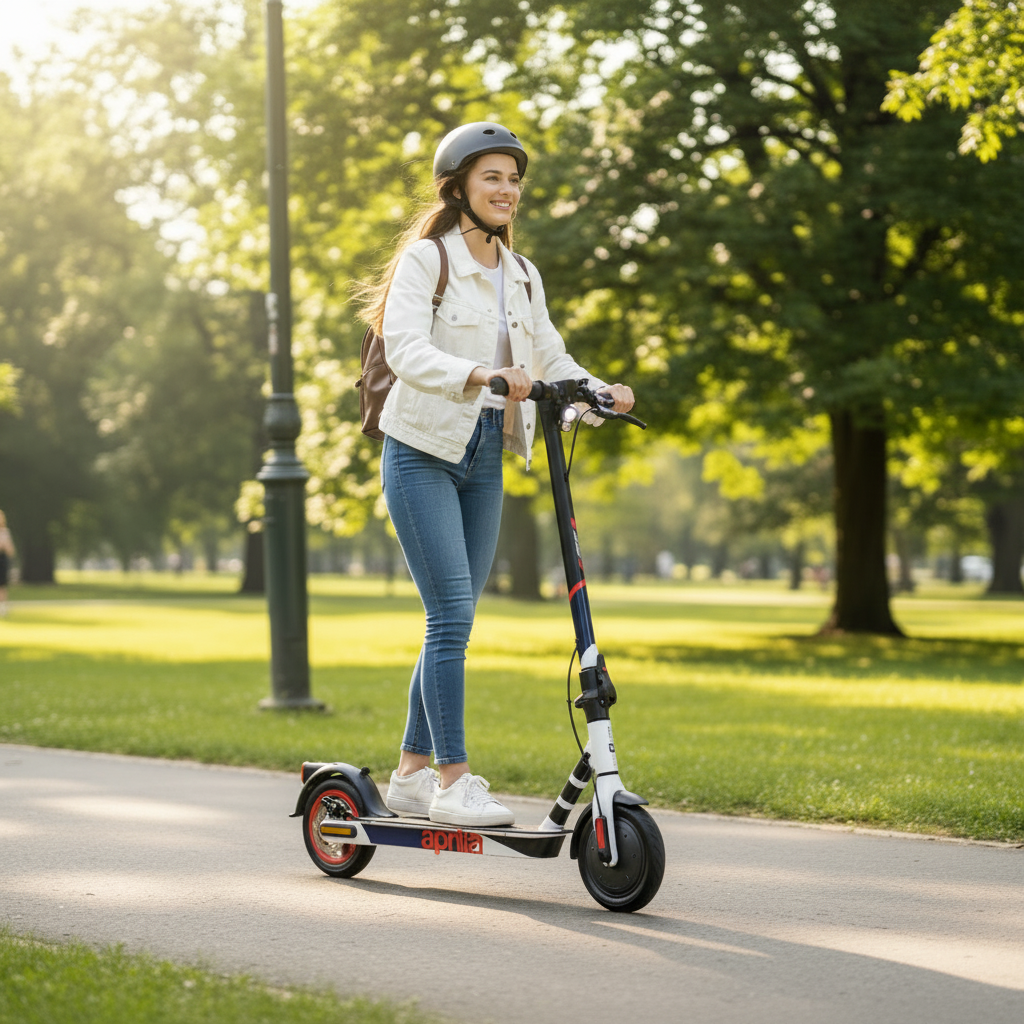 Women ride on an electric scooter in the park 