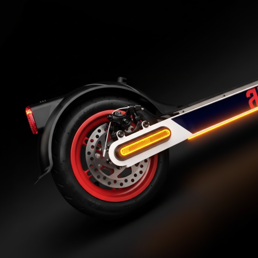 Close-up of a scooter wheel with red rim and black tire on a dark background