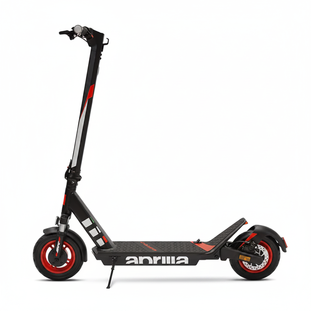 Side view of a black electric scooter with red accents