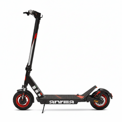 Side view of a black electric scooter with red accents