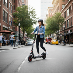 Women ride on electric Scooter in city road 