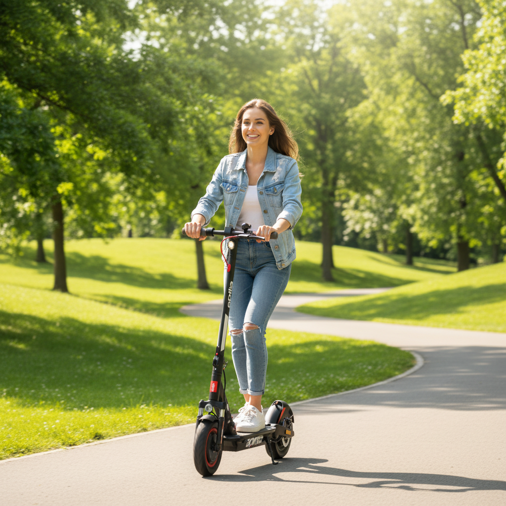 Girl Ride on Black electric scooter with red accents