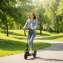 Girl Ride on Black electric scooter with red accents