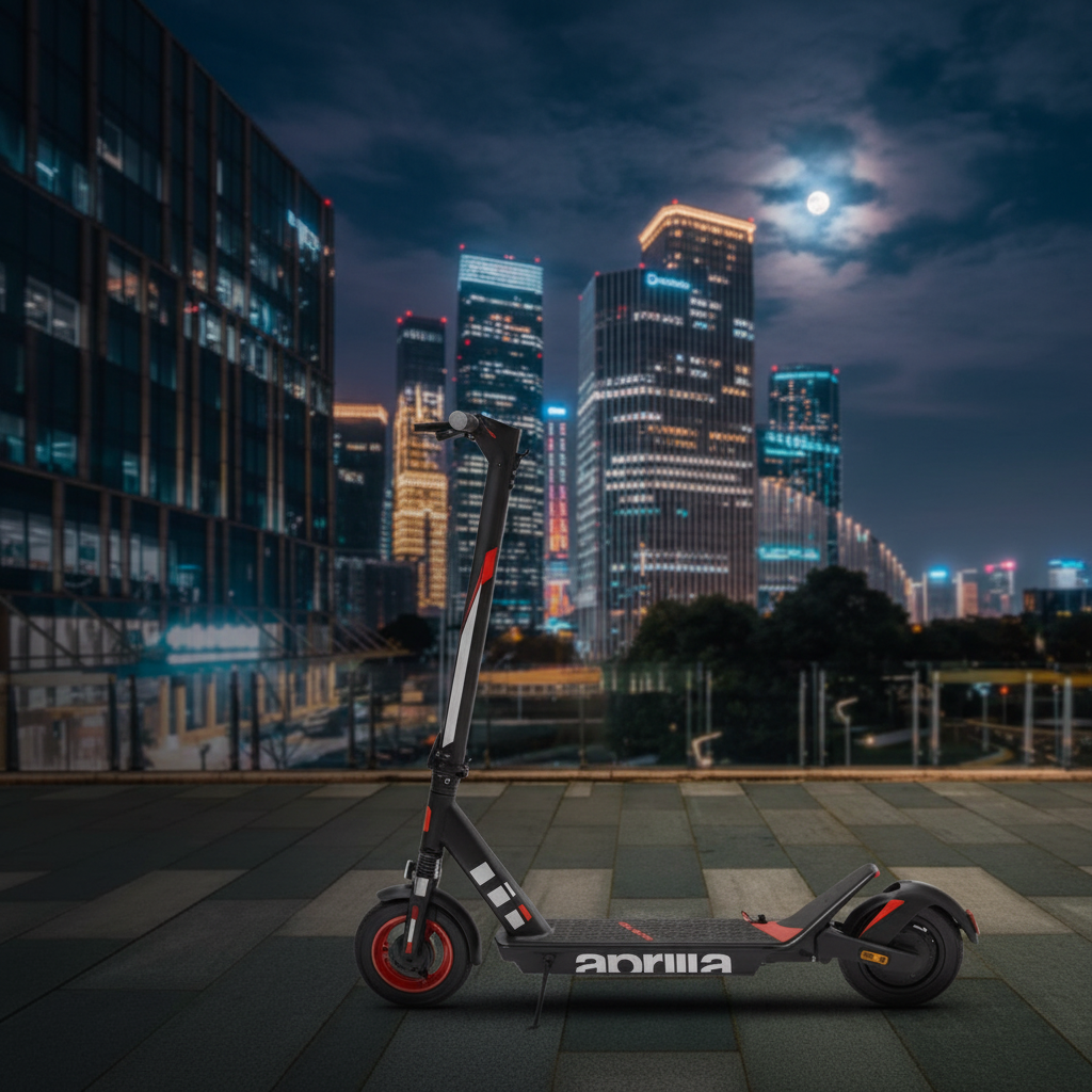 An electric scooter on a city street at night 