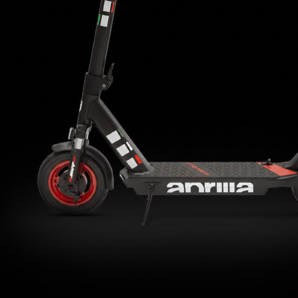 Front Tyre of Black electric scooter with red accents