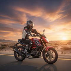 A person riding a red Xeron S 150cc  motorcycle on a road - Red