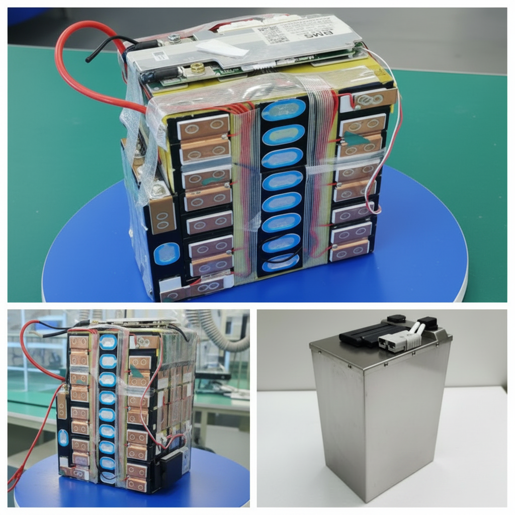 Collage of removable battery cells and battery packs of ecoway green delivery motorbik