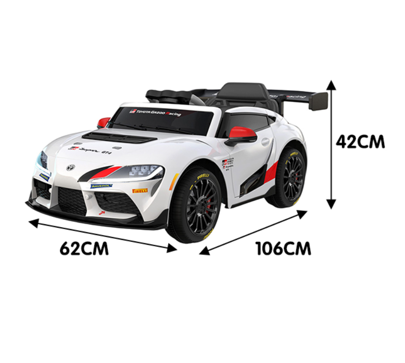 White  Toyota Licensed 2 Motor GR Supra GT4 Ride-on Kids Car 2 Seaters Eva Leather Seats with dimensions 