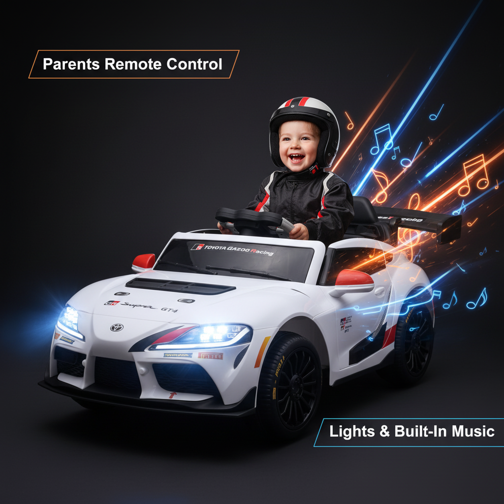 Front View of white Toyota Supra GT-R licensed ride-on toy car 