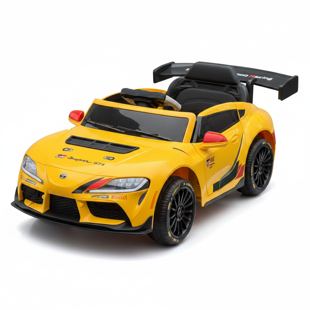 Front View of yellow Toyota GR Supra GT4 12V Battery Ride-on Kids Car