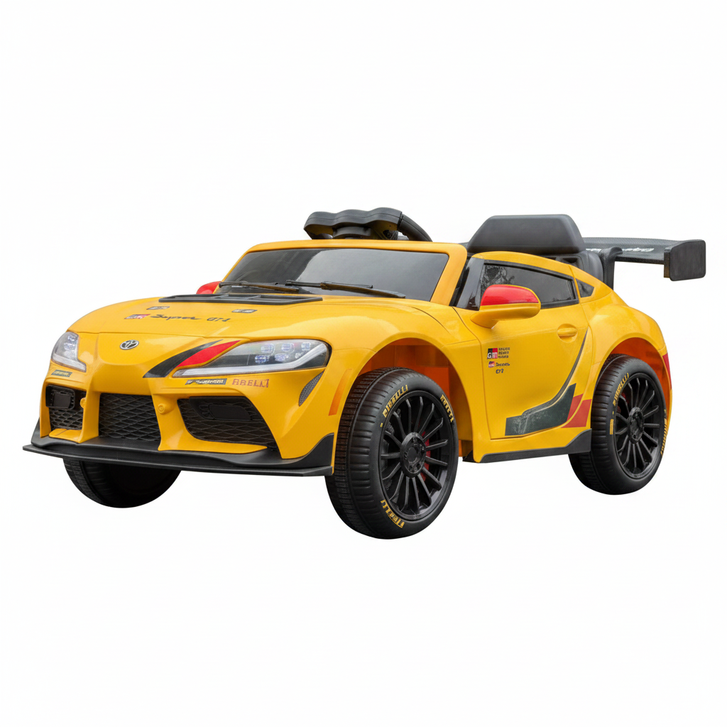 A yellow Toyota GR Supra GT4 12V Battery Ride-on Kids Car styled like a sports car