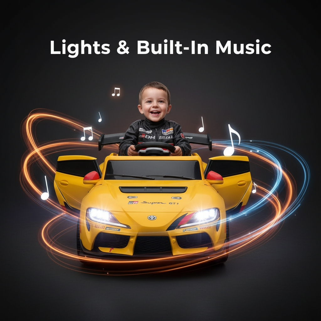 A yellow Toyota GR Supra GT4 12V Battery Ride-on Kids Car with open doors