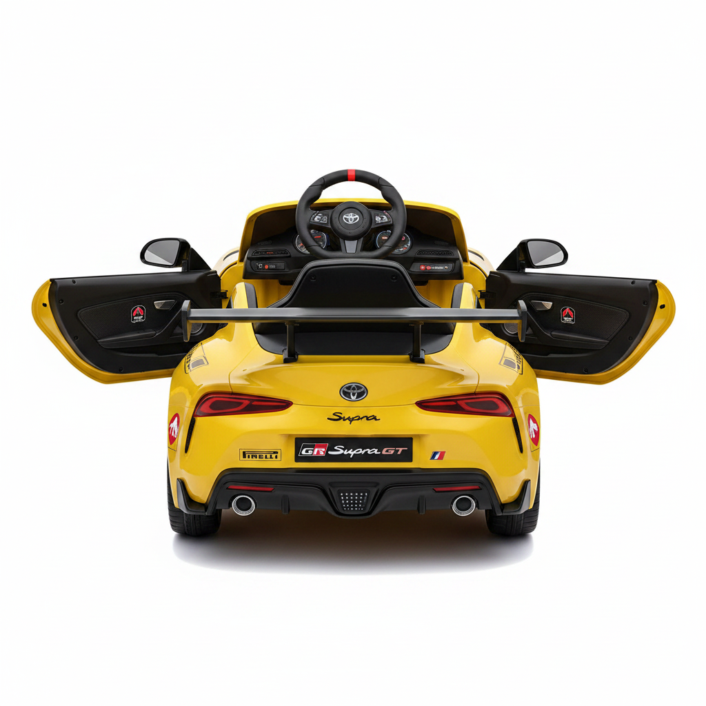 Back view of a yellow Toyota GR Supra GT4 Ride-on Kids Car