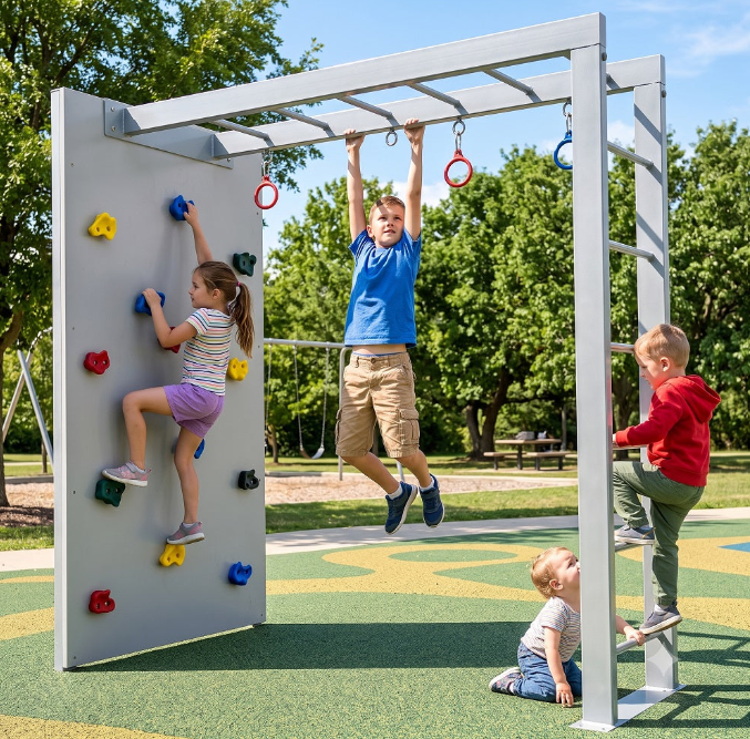 Megastar Customized AeroClimb Pro Kids Indoor and outdoor Climbing Gym UAE in a playground 3 kids playing in it white color
