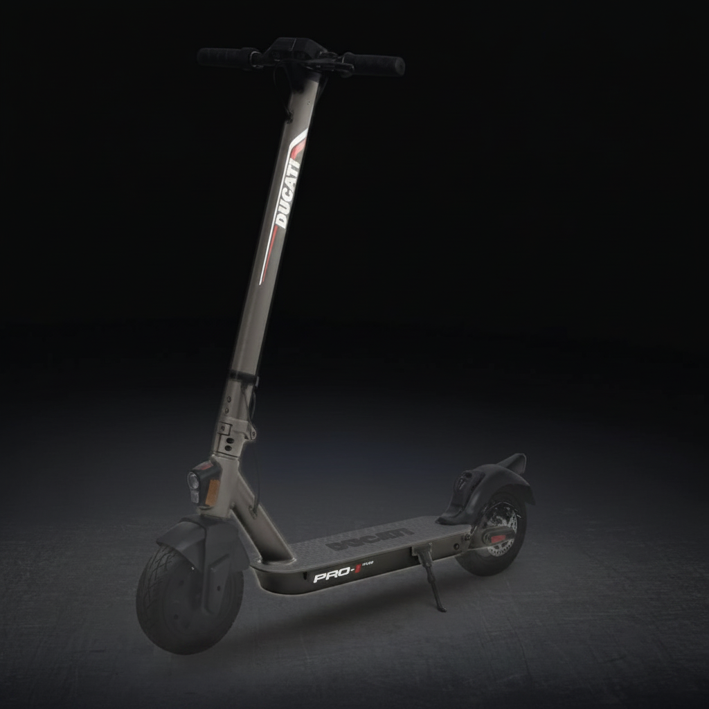 Electric scooter with a magnesium frame featuring Ducati logo.