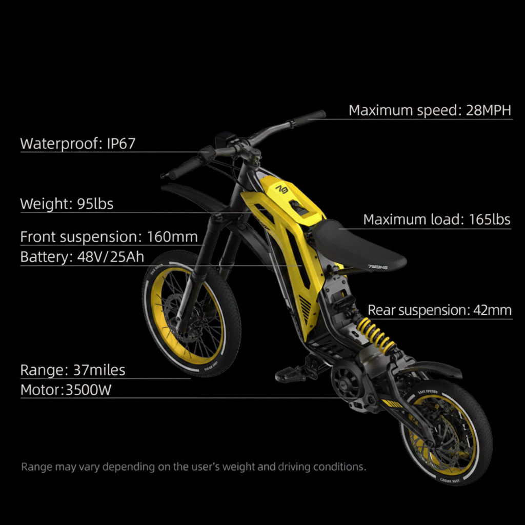 Yellow Viper S Electric Dirt Bike with specifications