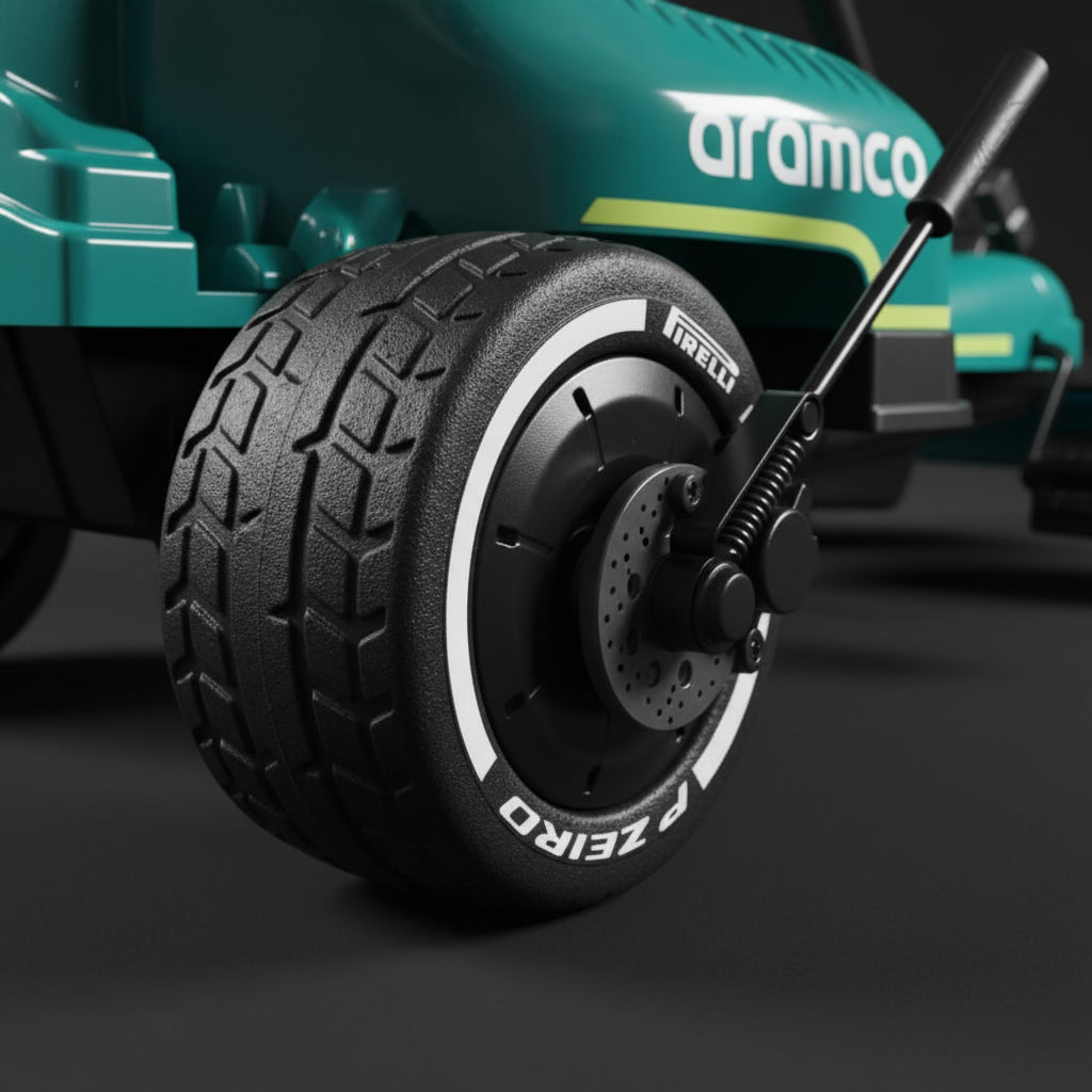 Teal and black go-kart with 'arami' branding on a white background
