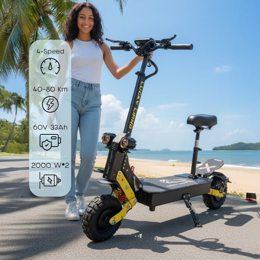 A woman standing next to an electric scooter with features
