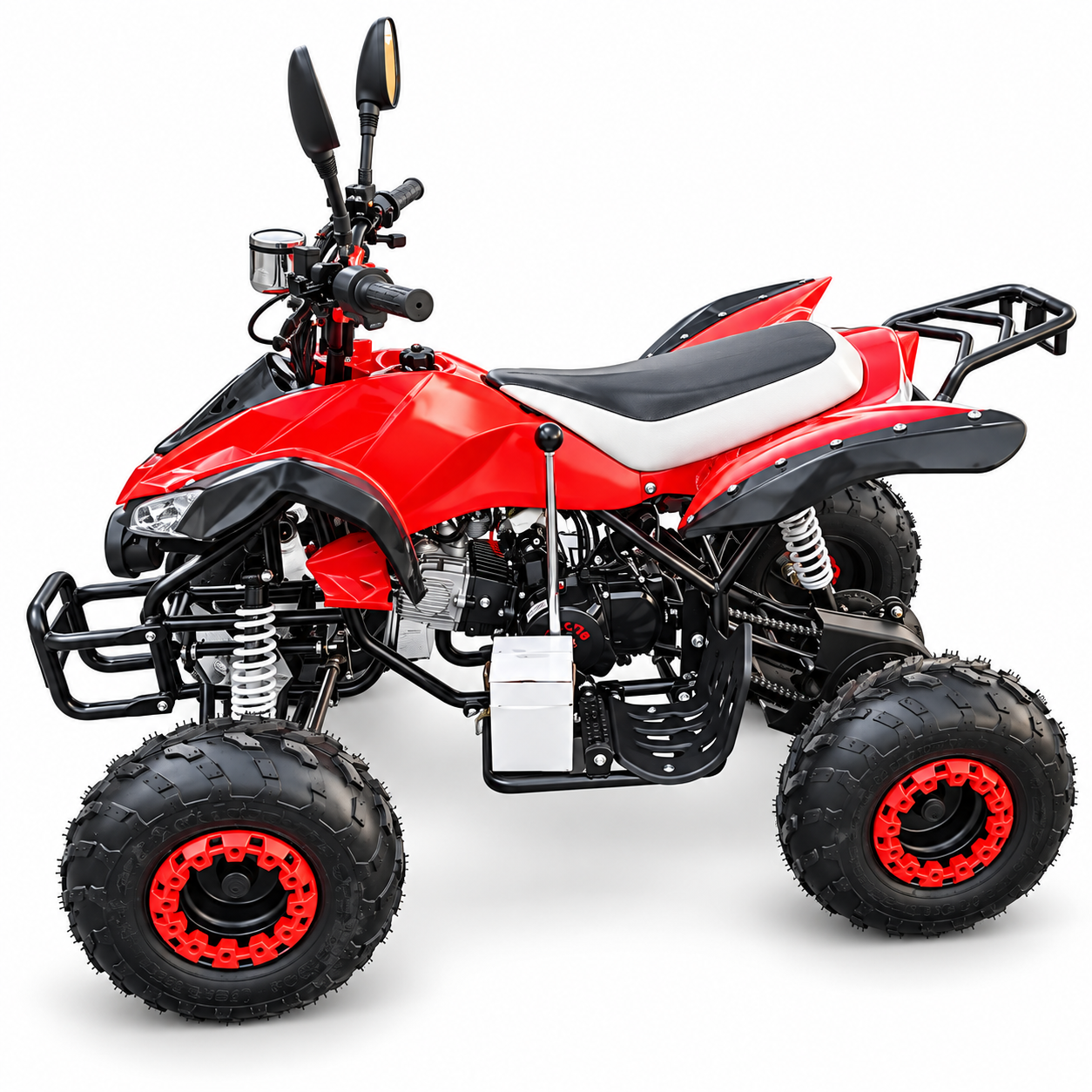 A red and black mini ATV with a white seat, black tyres, and red rims