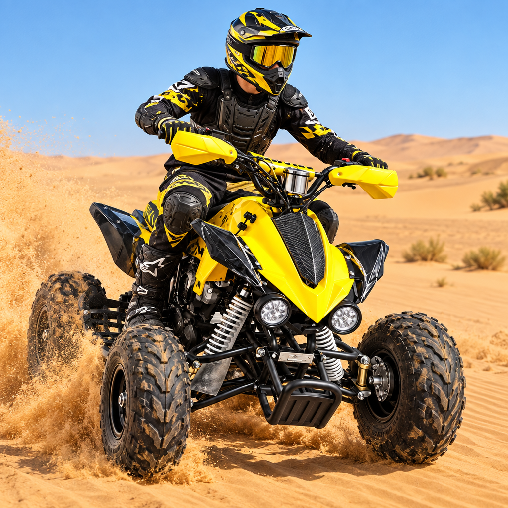 A bright yellow mini quad bike ATV with knobby off-road tires, dual headlights, and a black frame.